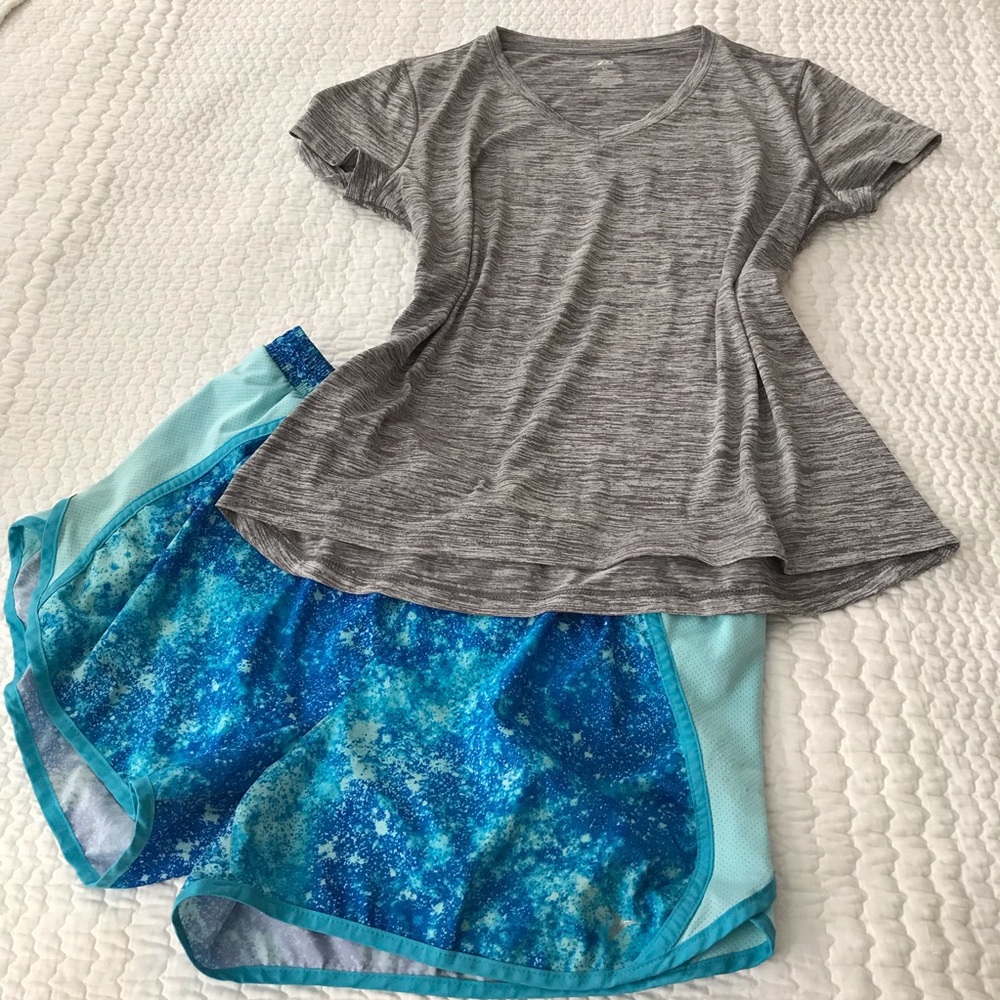 Blue Athletic Shorts & Gray T-shirt